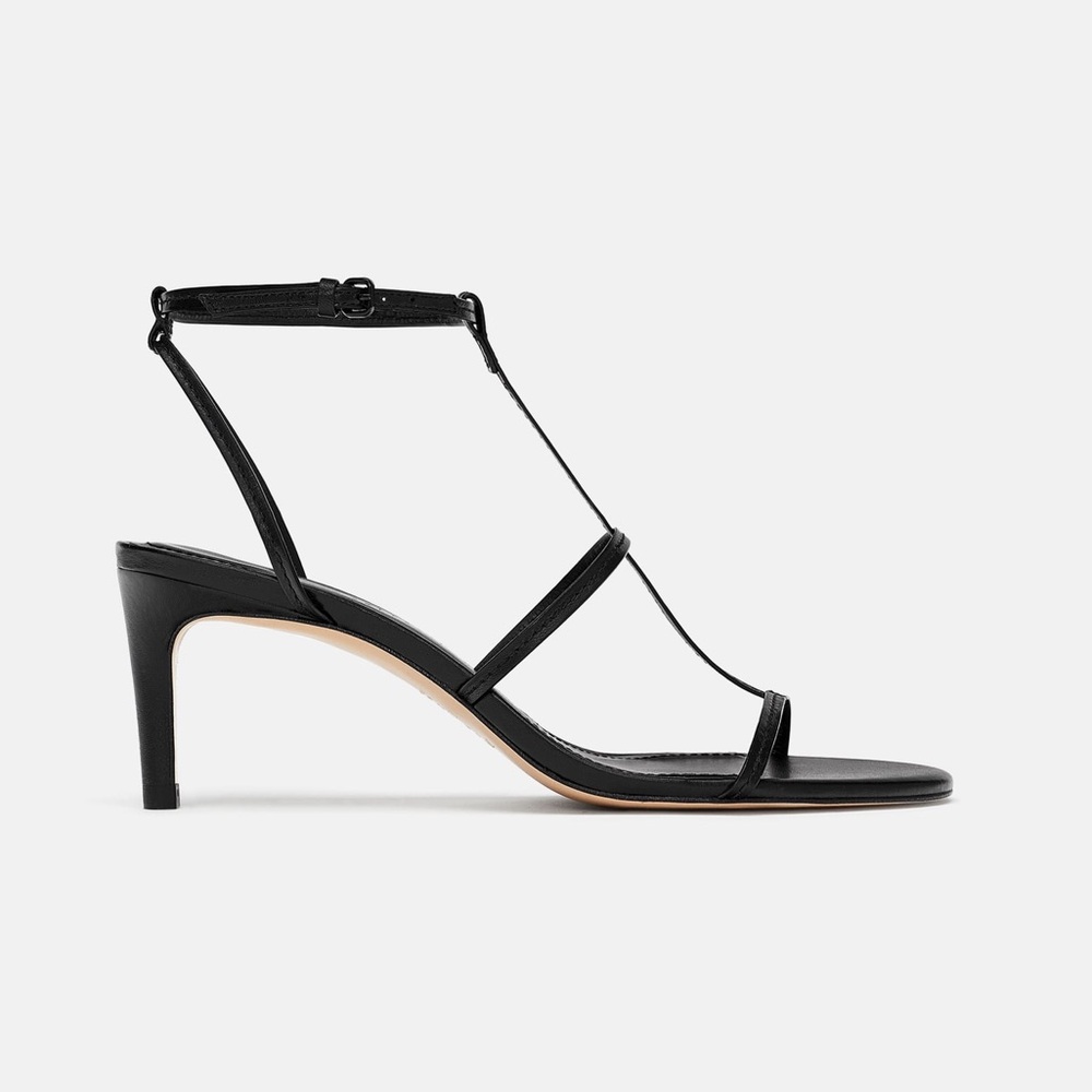 ZARA LEATHER STRAPPY HIGH-HEEL SANDALS Size 6 | Black T-Bar Heels